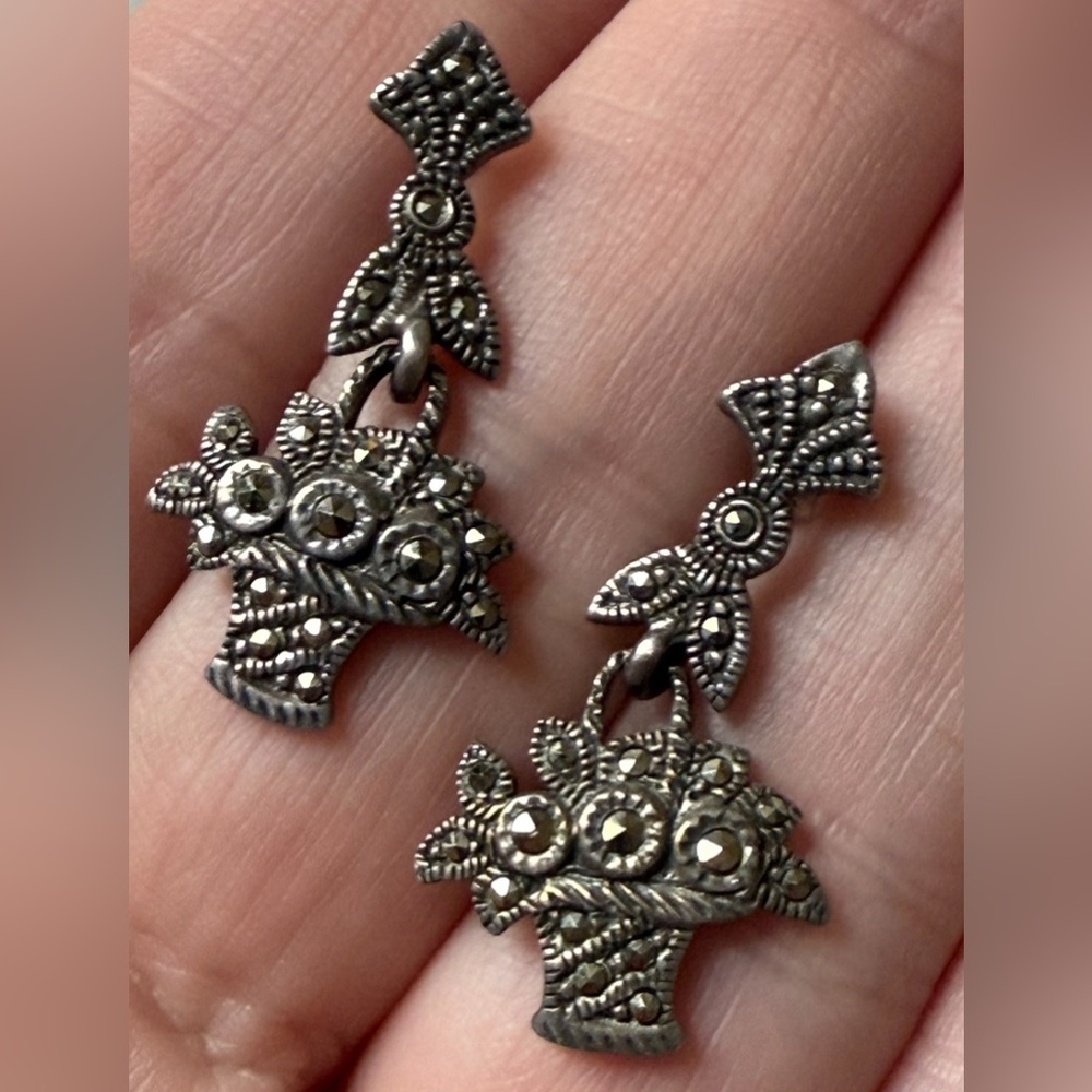 Sterling Silver Flower Basket 925 Marcasite Pierced Earrings Floral Dangling